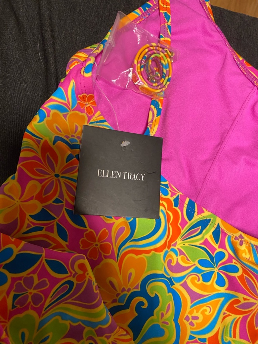 Ellen Tracy Multicolor One-Shoulder Floral Swimsuit (Pink, Yellow, Blue, Green) - Picture 5 of 7